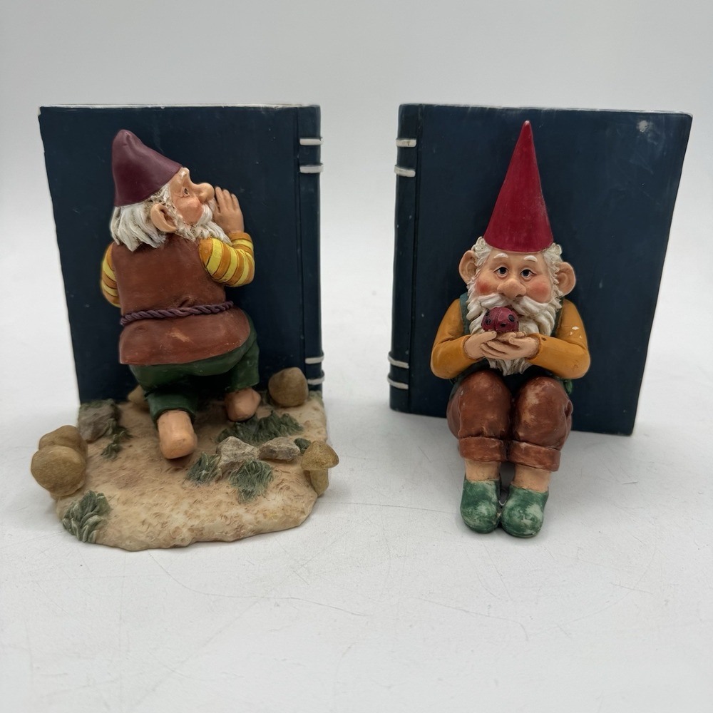 Vtg Gnome Bookends Pair Resin Red Hat Reading Elf Nerd Whimsical Kitsch Library